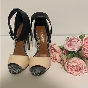 Aldo Black and Cream Open-Toe Heels